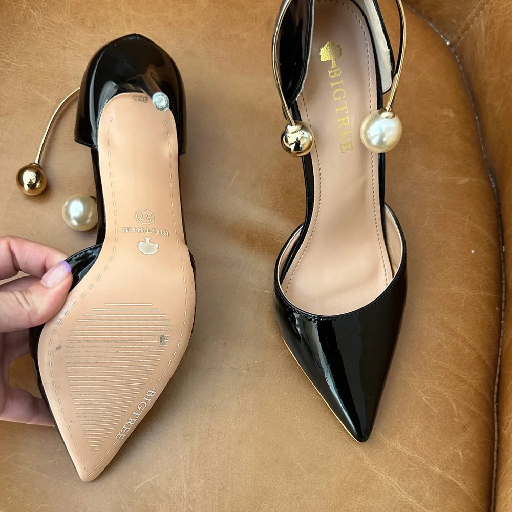 Black Patent Pointed Toe Stiletto Pumps with Pearl Ankle Detail - Picture 5 of 6